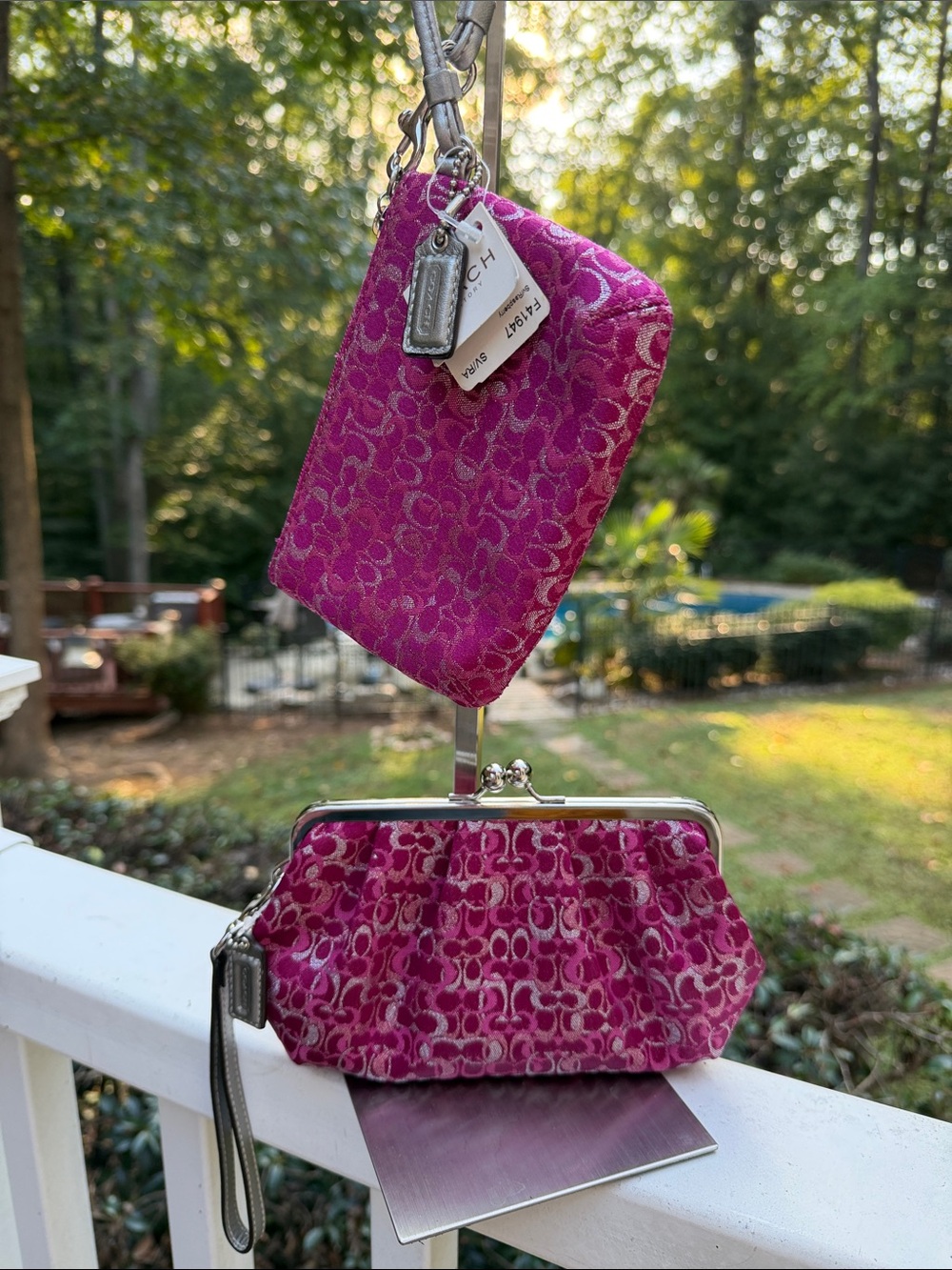 Coach Pink Signature Wristlet and Kisslock Clutch Set NWT Raspberry Lurex
